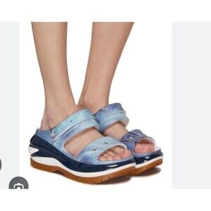 CROCS MEGA CRUSH Sz 11 Denim Print Y2K Chunky Anime Artsy Cos Play Mule Sandals